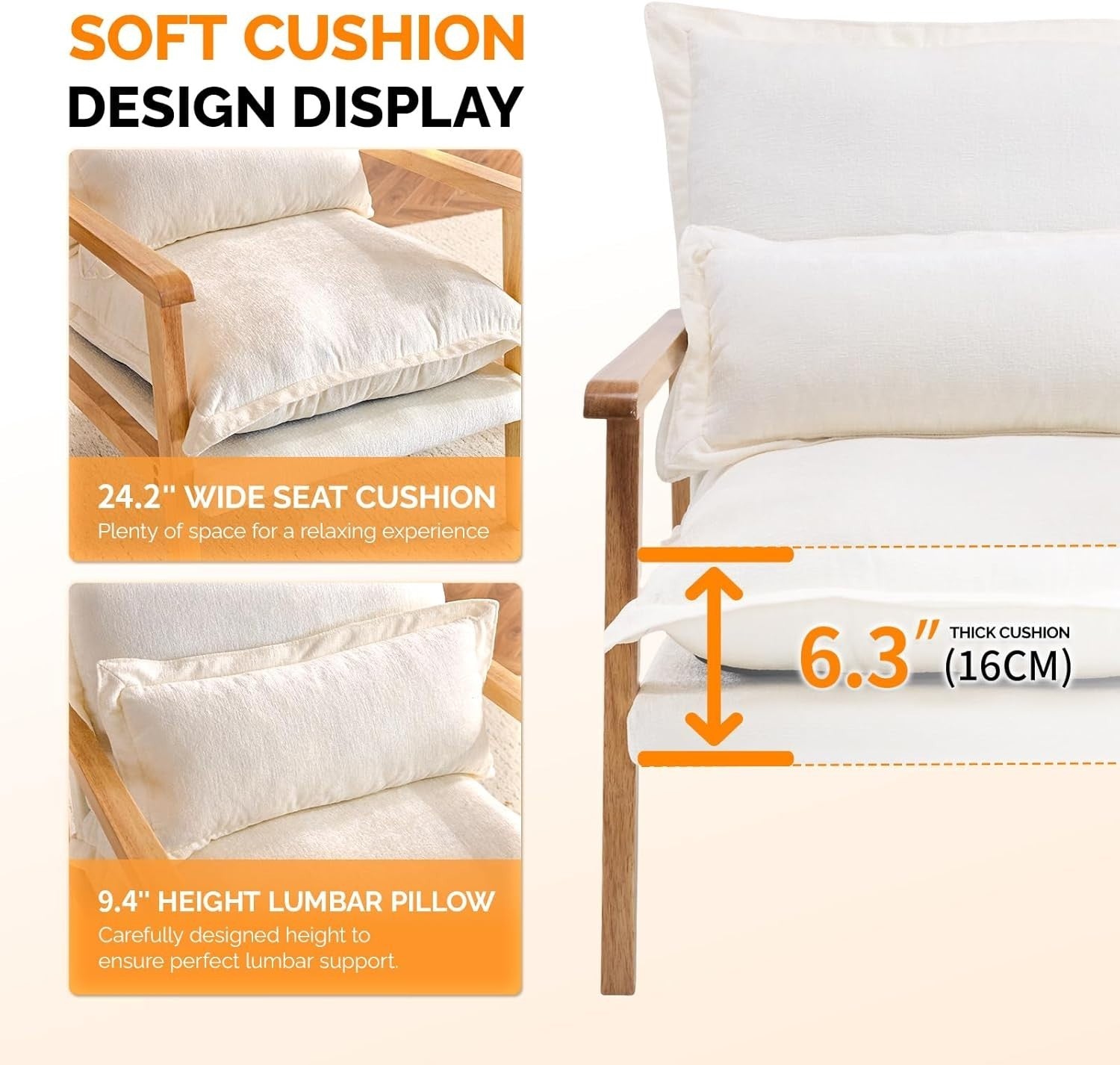 Cozy Mid-Century Modern Wooden Armchair with Lumbar Pillow & Thick Cushion