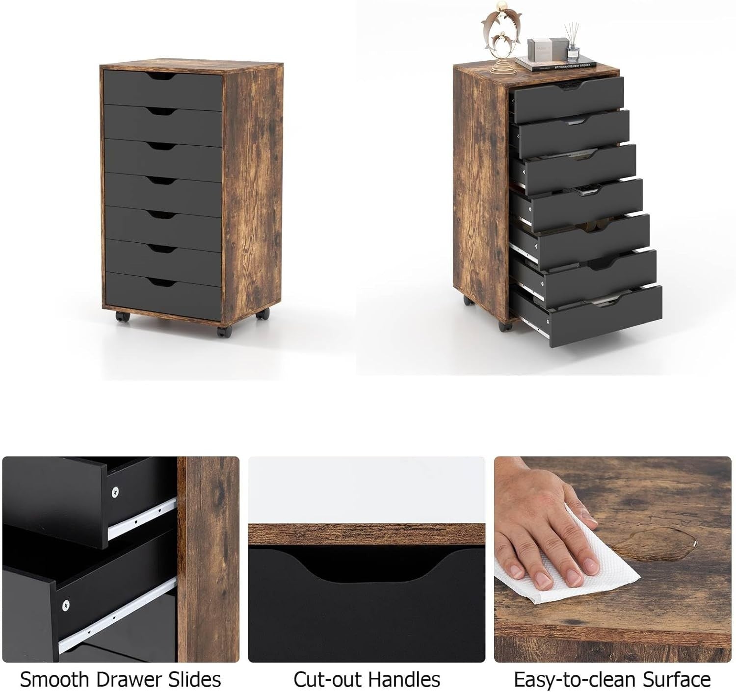 Rustic Mobile File Cabinet 7 Drawer Rolling Printer Stand Under Desk