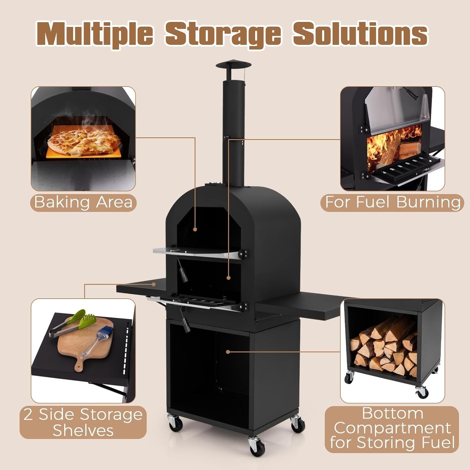 Outdoor Wood-Fired Pizza Oven | BBQ Grill w/ Side Shelves, Thermometer & Cover