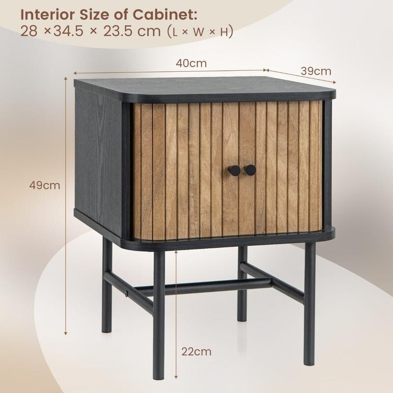 Mid-Century Modern Bedside Table with Sliding Doors & Metal Legs, Black