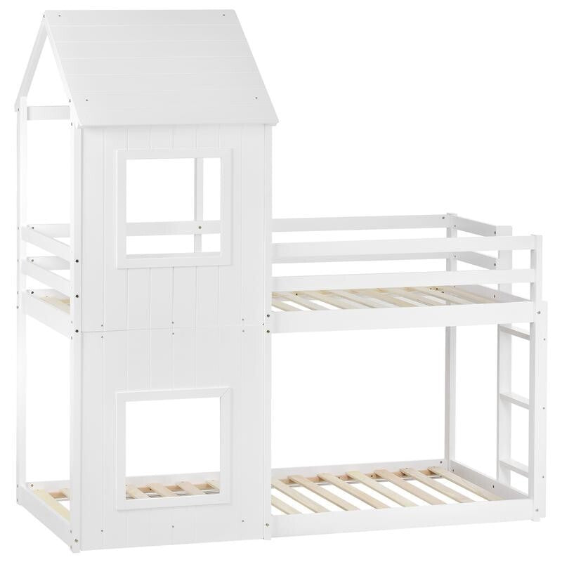 Kids Bunk Bed with Treehouse Canopy 3FT White Cabin Frame Mid Sleeper Ladder
