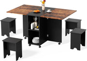 Foldable Dining Table Set with 4 Stools 140x80cm Space-Saving Kitchen Furniture