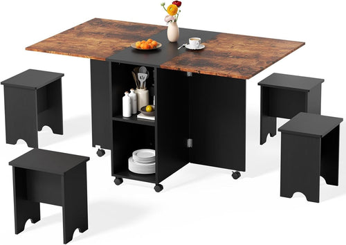 Foldable Dining Table Set with 4 Stools 140x80cm Space-Saving Kitchen Furniture