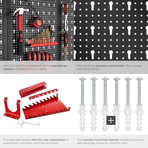 Wall-Mount Pegboard Kit 3PCS Alloy Steel Black + Red w/ Hooks & Holders