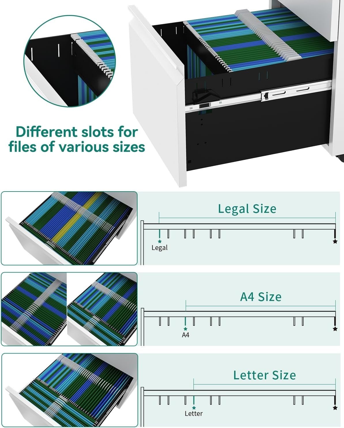 White 2 Drawer Lockable File Cabinet 51x39x71cm Mobile Under Desk
