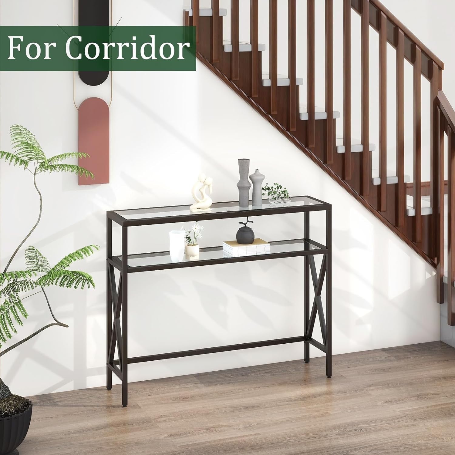 Tempered Glass Console Table Industrial Entryway with Shelves & Adjustable Feet