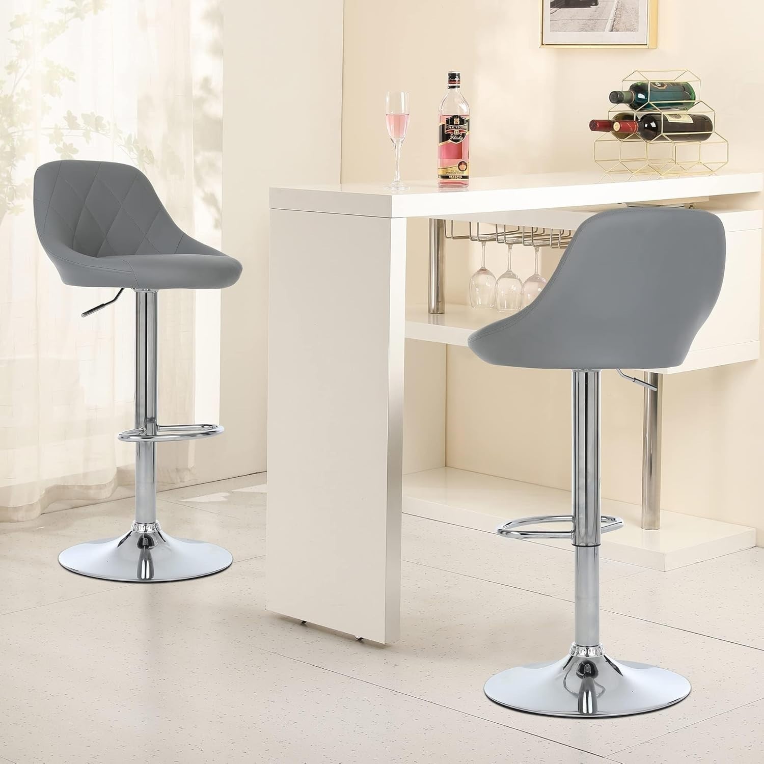 Set of 2 Adjustable Swivel Bar Stools – Grey L-Shape