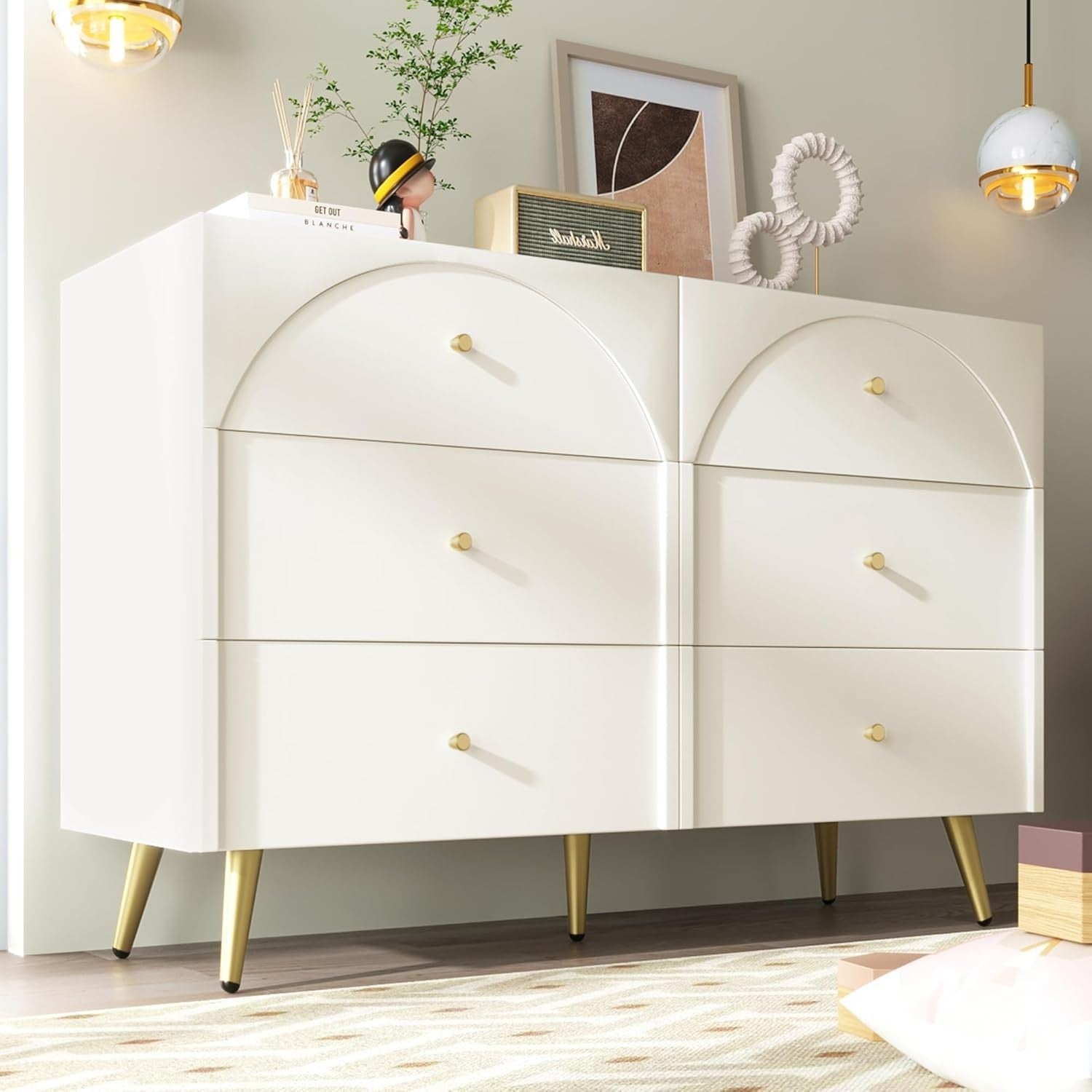 Cream White 6 Drawer Sideboard Cabinet Storage Unit Gold Legs 120cm