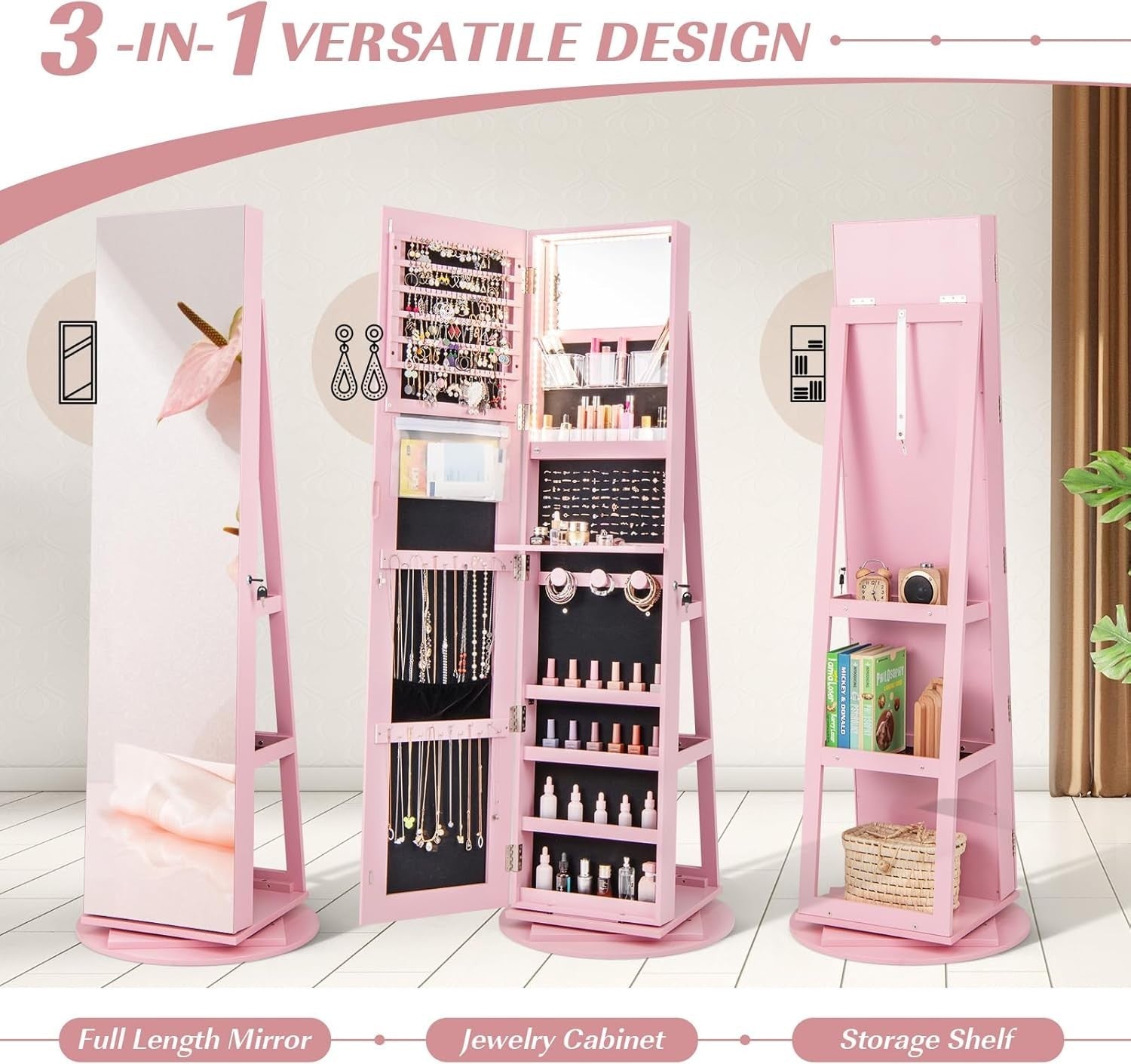 Pink 360° Swivel LED Jewelry Cabinet Mirror Lockable 3-Color Storage