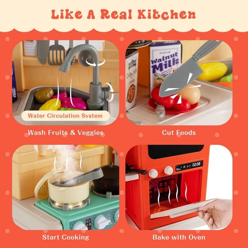 Kids Kitchen Playset w/ 69PCS Lights Sounds Steam Orange Toy