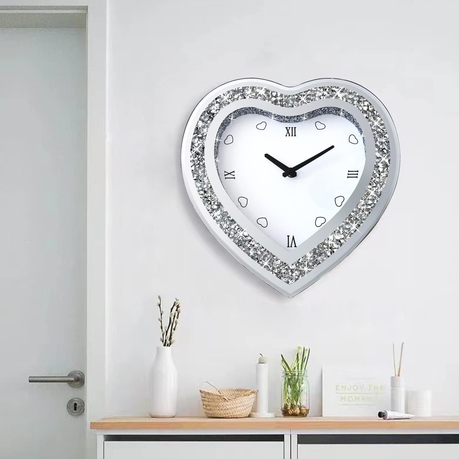 Heart-Shaped Mirror Wall Clock Diamond Border Silent Non-Ticking 12 Inch