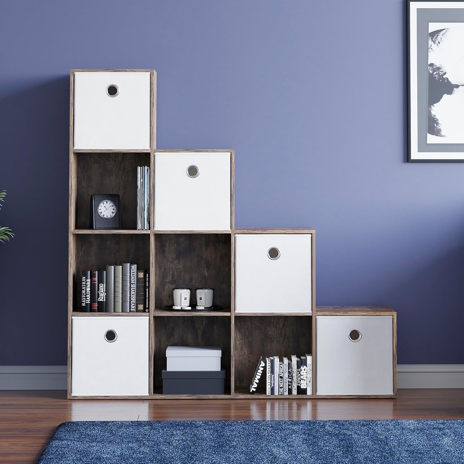 Dark Wood 10 Cube Staircase Bookcase with 5 White Baskets Storage Unit