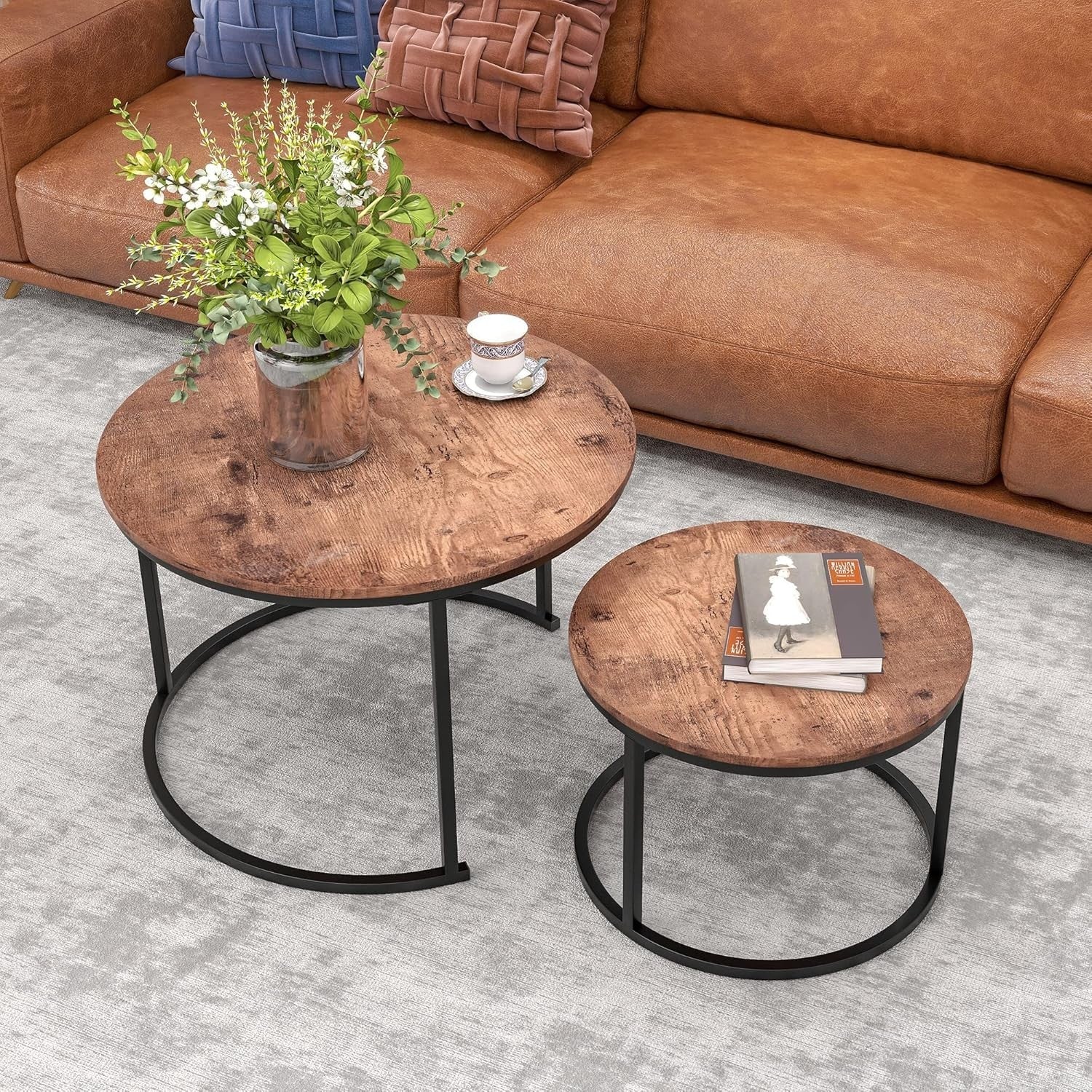 Space Saving Nesting Coffee Tables Set Round MDF Top Metal Frame Modern Black/Br