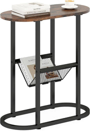 Slim Oval Side Table with Magazine Holder, 2-Tier Metal Frame Bedside Sofa Table