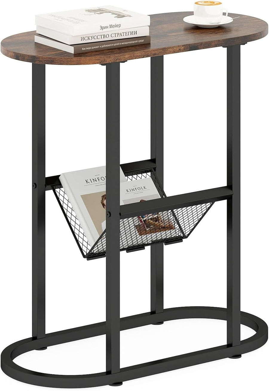 Slim Oval Side Table with Magazine Holder, 2-Tier Metal Frame Bedside Sofa Table