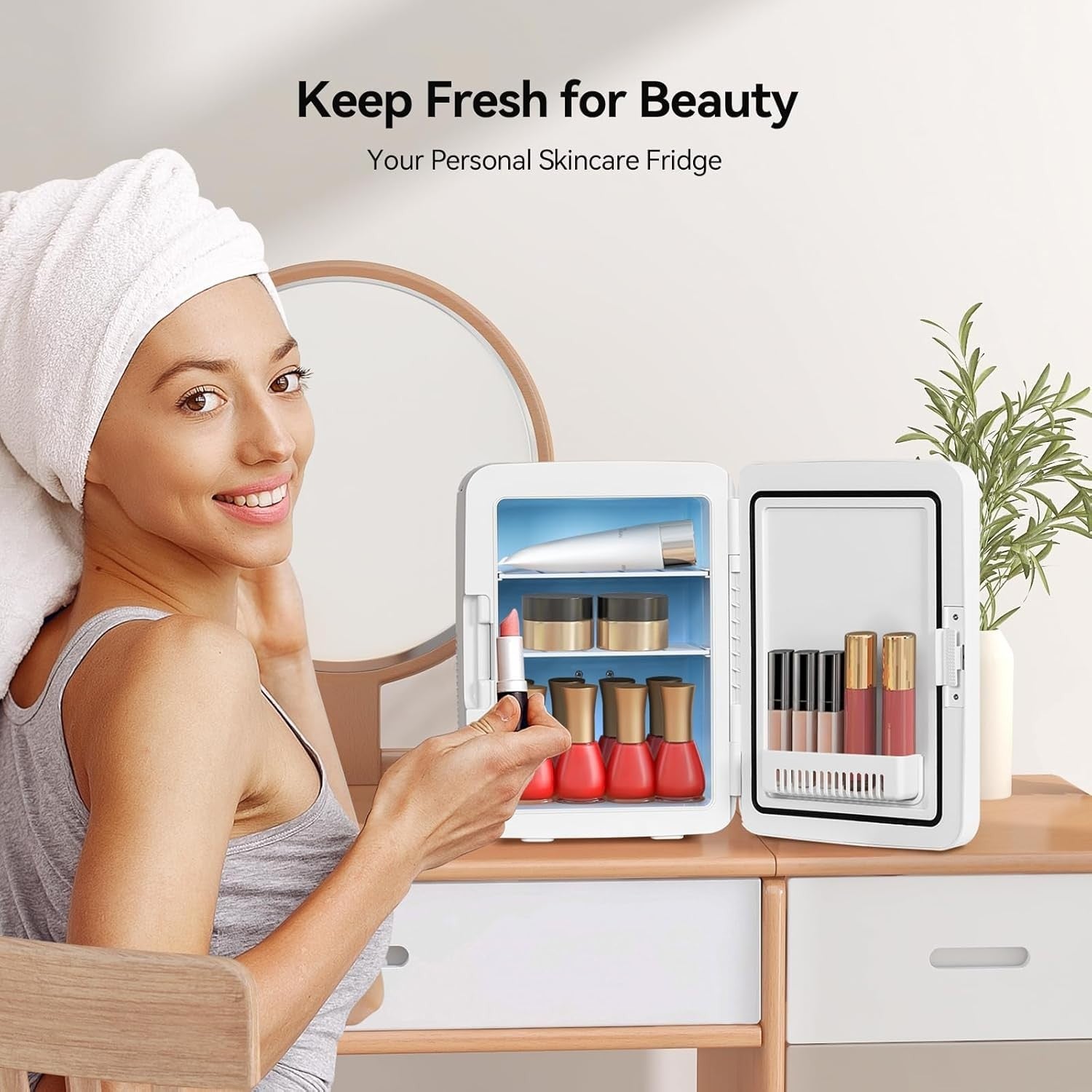 10L Portable Mini Skincare Fridge Cooler & Warmer LED Mirror AC/DC