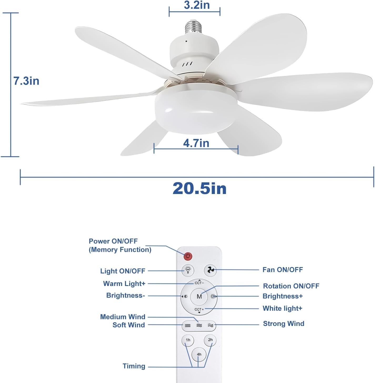 52cm Ceiling Fan, LED Light, E27 Base, Remote, 3 Speeds, Dimmable