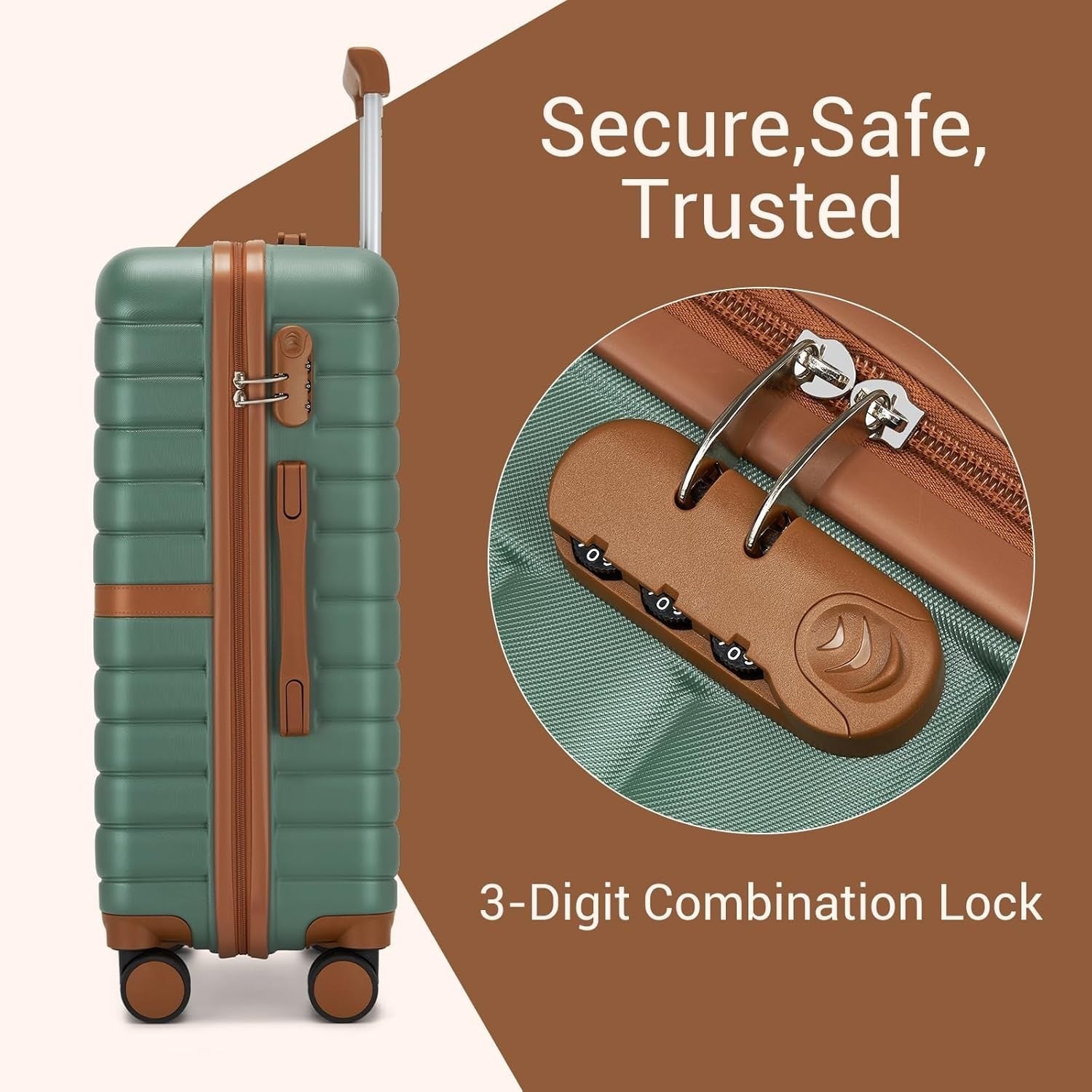 24'' Green Brown Check In Suitcase ABS PC Hard Shell Spinner Wheels Lock