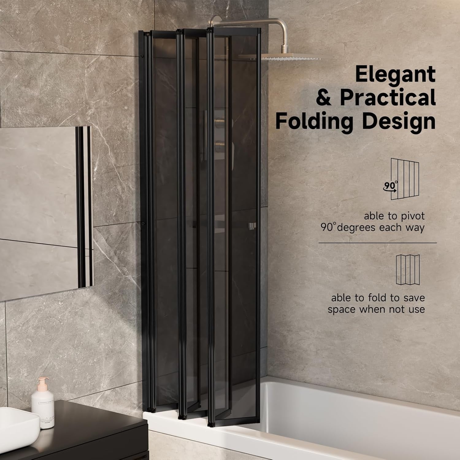 Black 5 Panel Folding Shower Screen 1200x1400mm Tempered Glass Bath Screen