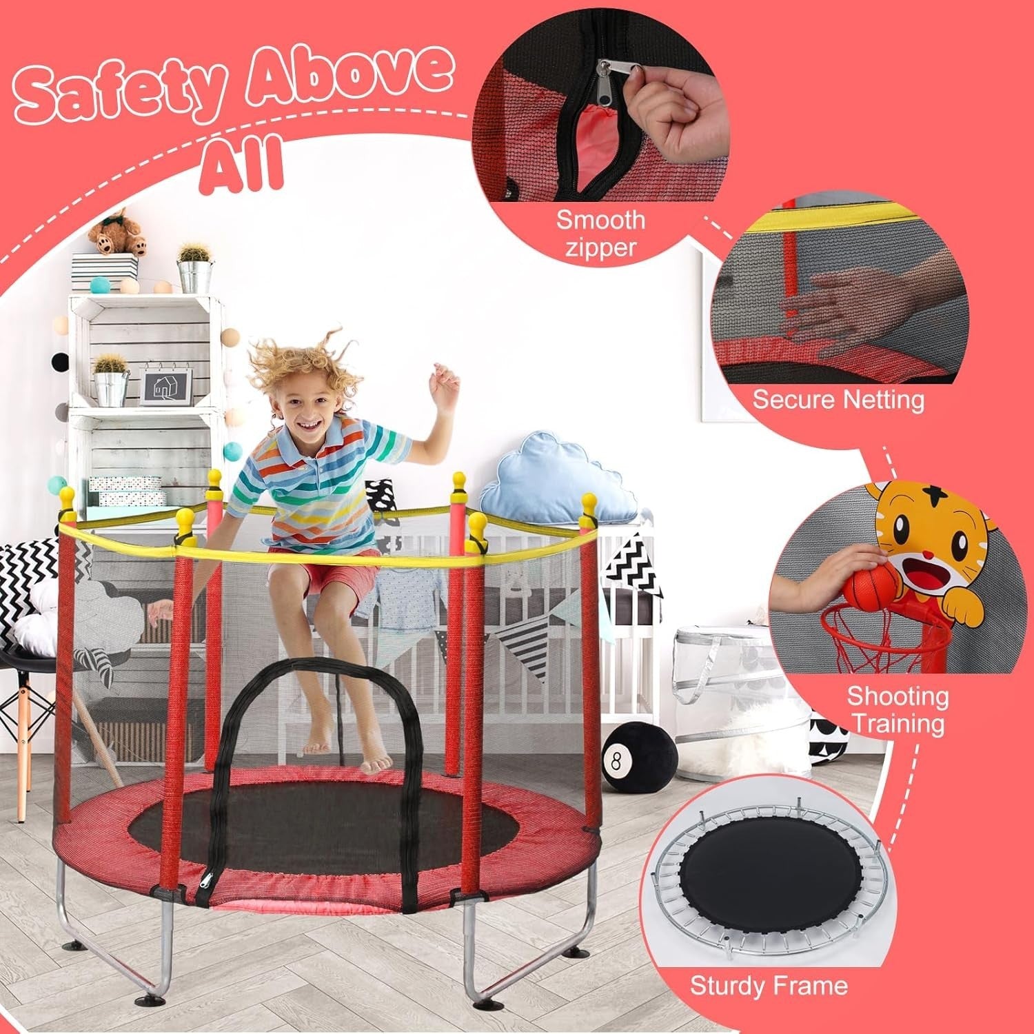 Children’s Indoor Outdoor Trampoline with Safety Net & Basketball Hoop 55in