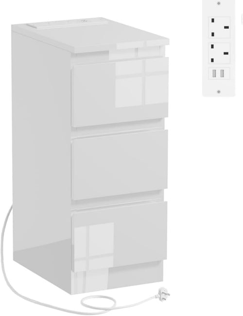 Slim Bedside Table with USB Charging Ports, 3-Drawer Narrow White Nightstand