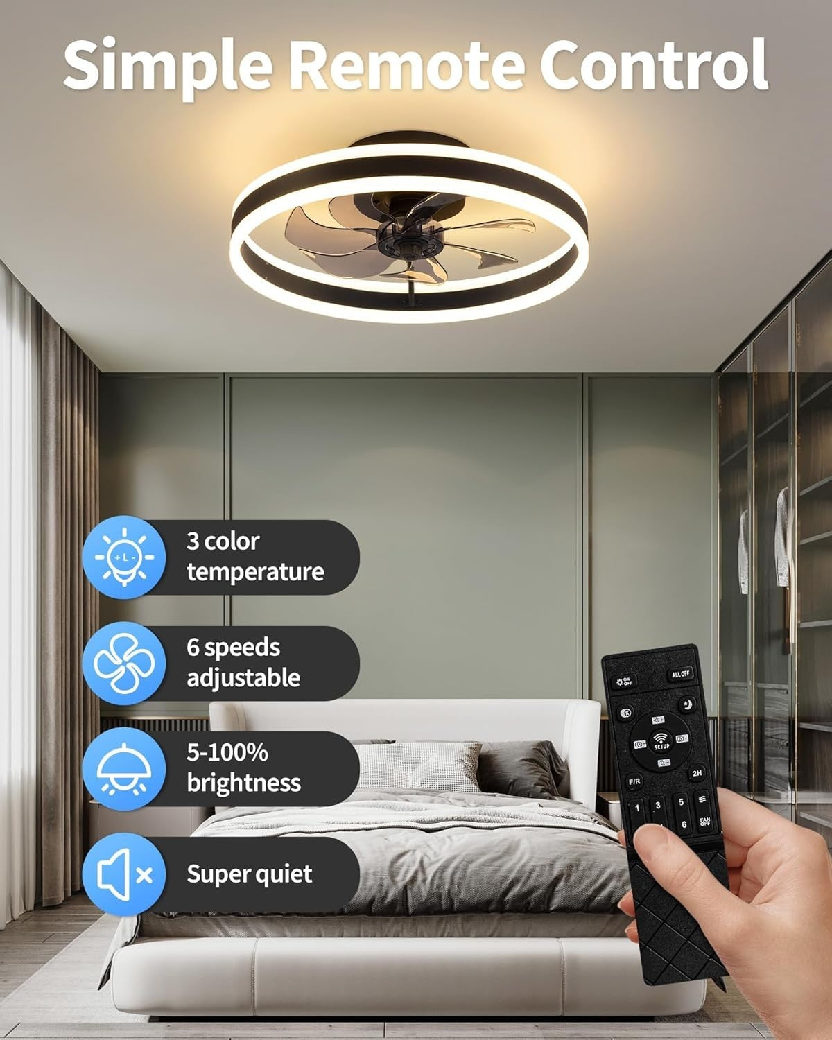 NEWSEE 40CM LED Ceiling Fan, 6 Speeds, 3 Color Dimming, Remote Control