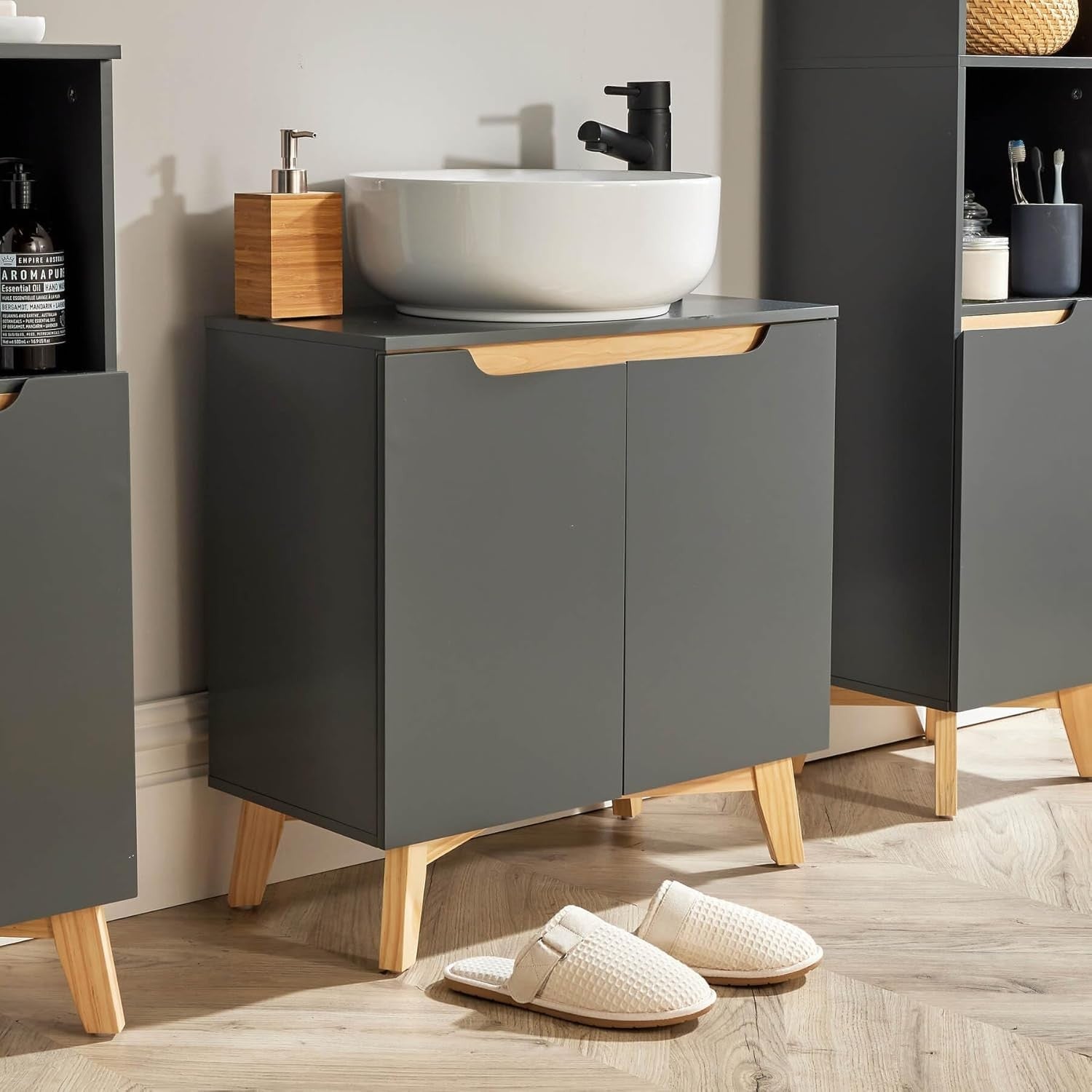 Modern Grey Bathroom Vanity Unit Under Sink Storage Cabinet with Wooden Legs