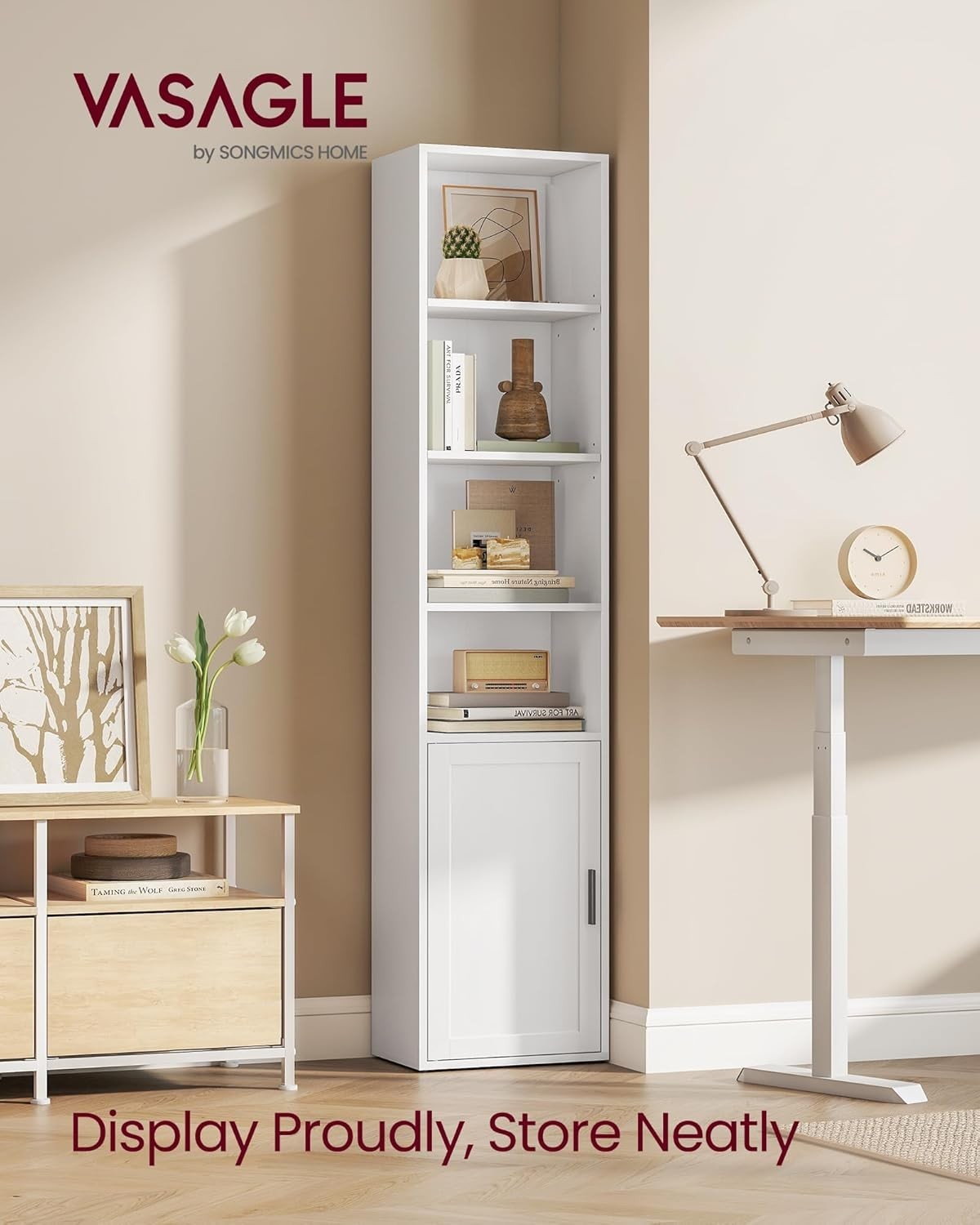 6-Tier Tall Bookshelf with Door & Adjustable Shelves, Space Saving Storage