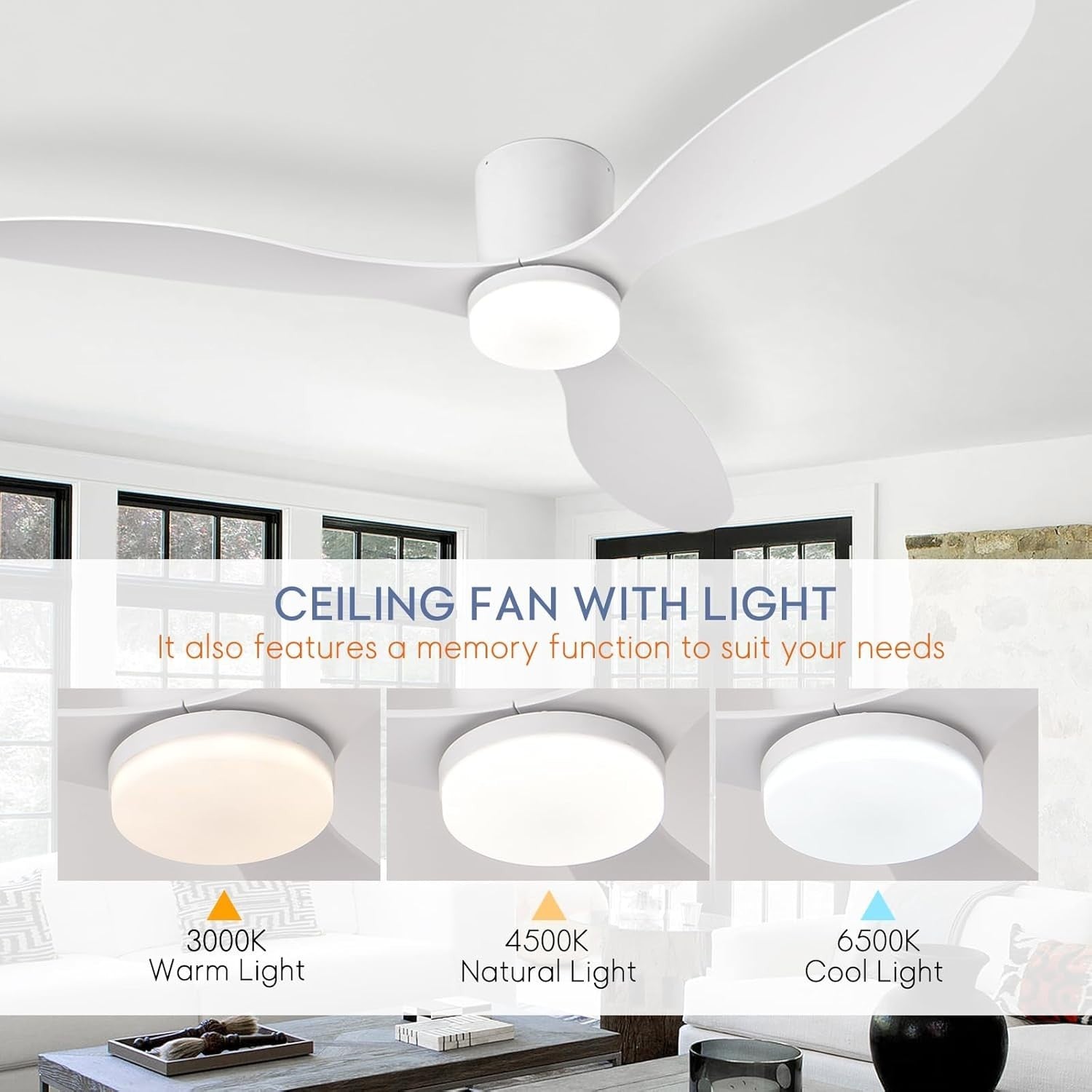AQLEDY 52" Ceiling Fan with Light, 6-Speed, Remote, Reversible, White-Wood