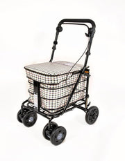 Folding 6 Wheel Mobility Shopping Trolley With Seat Handbrake Light Tartan