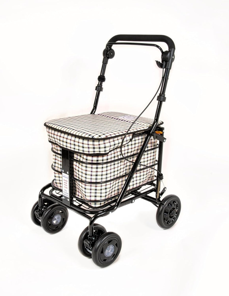 Folding 6 Wheel Mobility Shopping Trolley With Seat Handbrake Light Tartan