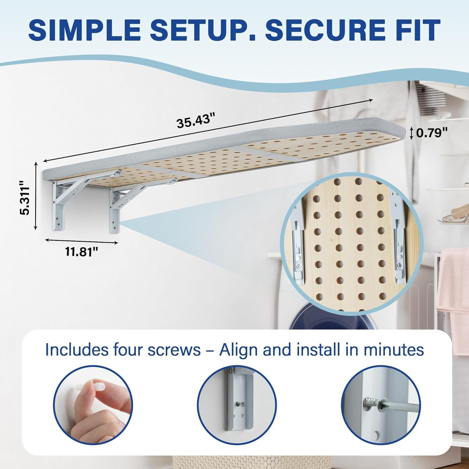 Wall Mounted Folding Ironing Board Fold Out Compact Grey Space Saving