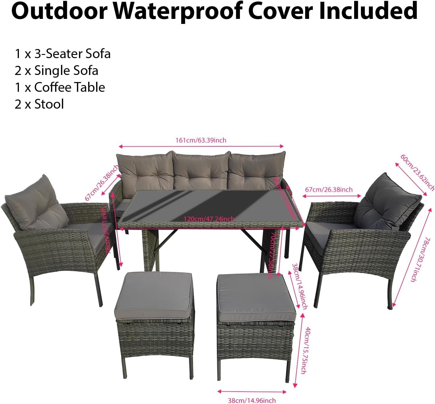 6 Seater Rattan Garden Furniture Set with Cushions Grey Outdoor Sofa Table