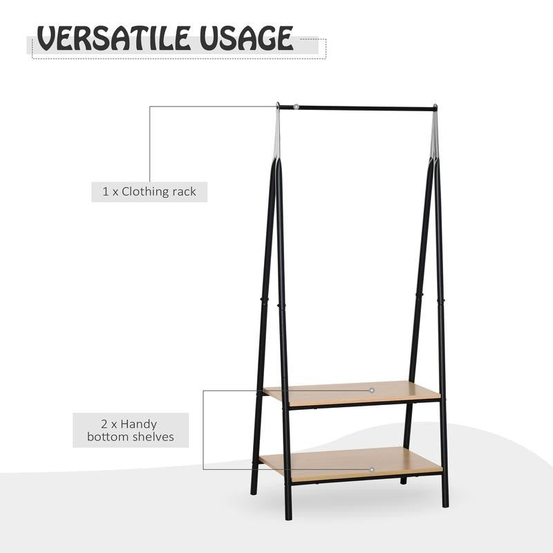 Freestanding Clothes Rack with 2 Shelves Black Metal Frame 64x149cm