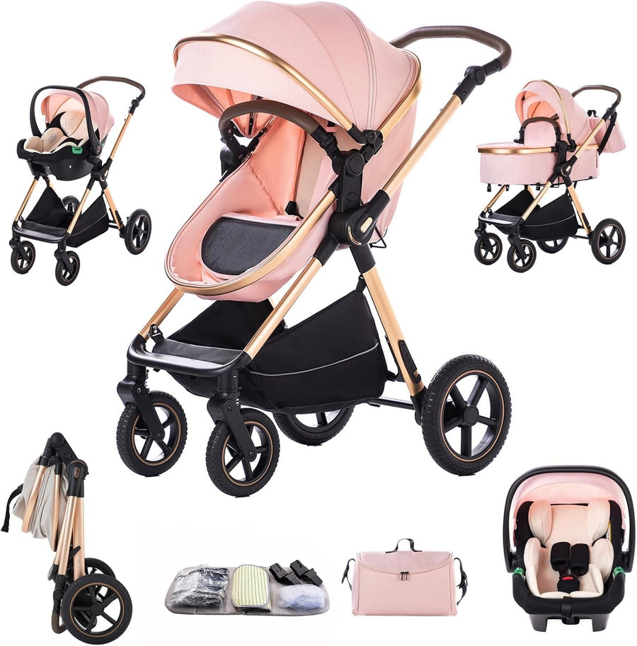 3-in-1 Baby Pram Pushchair Foldable Aluminium Stroller Travel System Pink