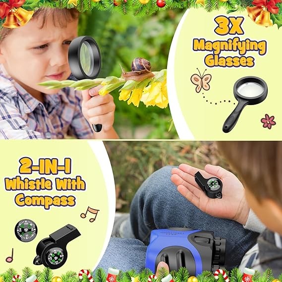 Kids 8x21 Waterproof Binoculars with Compass & Whistle Outdoor Toys Blue