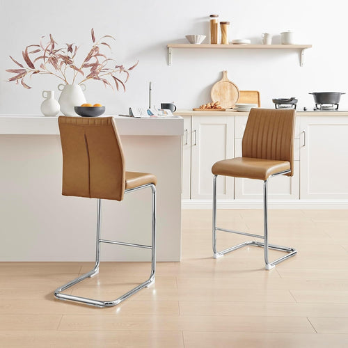 Modern Tan Bar Stools Set of 2 – Faux Leather Cantilever Chairs