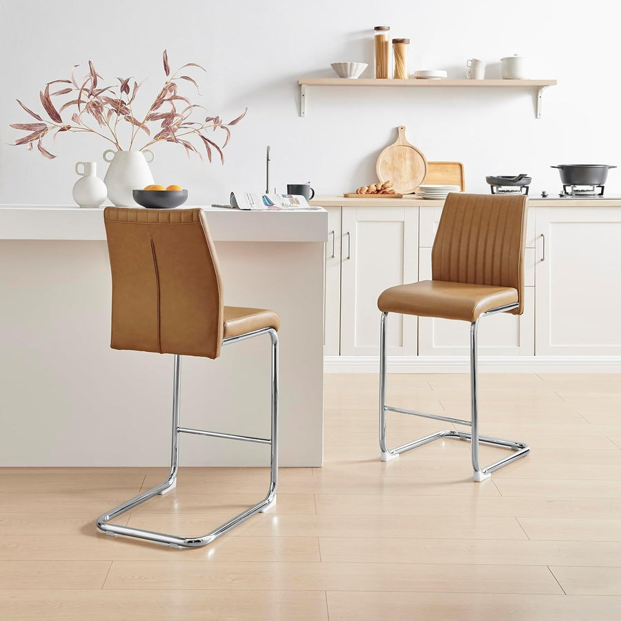 Modern Tan Bar Stools Set of 2 – Faux Leather Cantilever Chairs