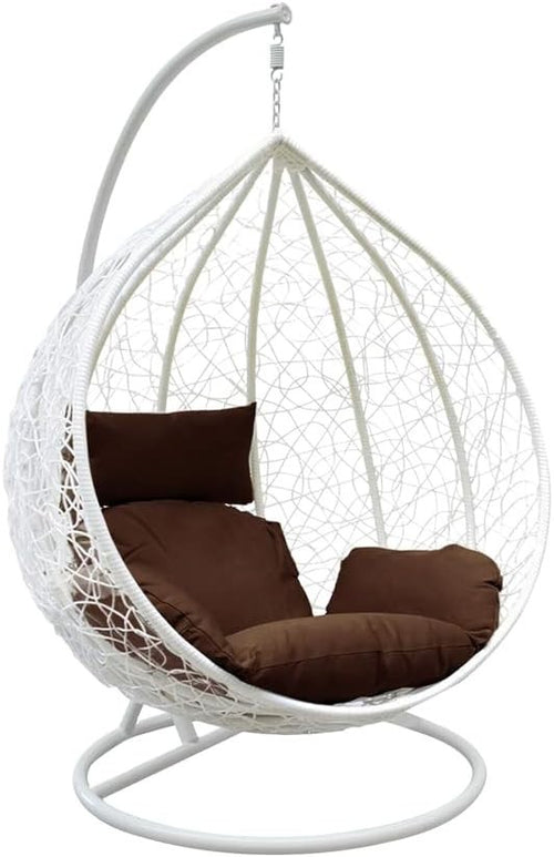 White Rattan Egg Chair Outdoor Patio Swing with Cushion & Steel Stand