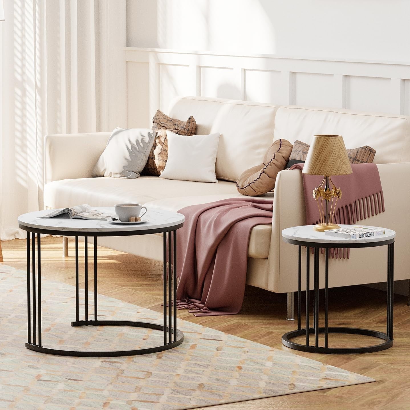 Modern Nesting Coffee Table Set for Small Spaces - Round Metal & Wood Side End