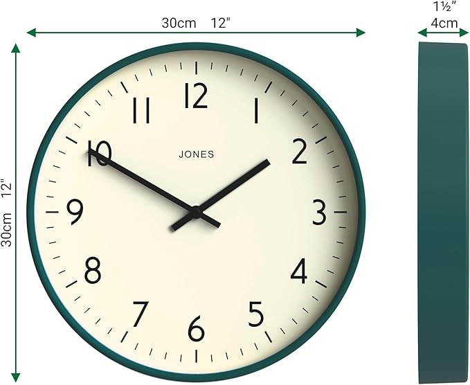 30cm Silent Wall Clock Dark Green | Modern Round Easy-Read Home Office Decor