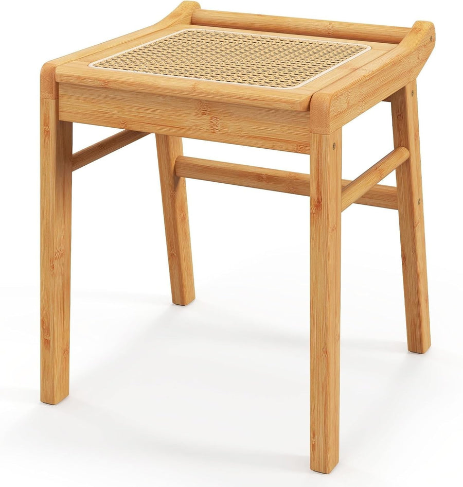 Natural Bamboo Vanity Stool Rattan Top Footrest Dressing Table Seat 38×40×43cm