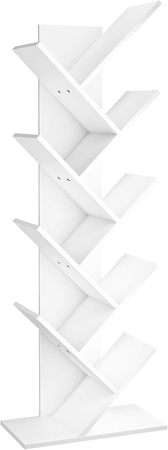Tall White Tree Bookshelf | 9-Tier Modern Space-Saving Bookcase for Living Room