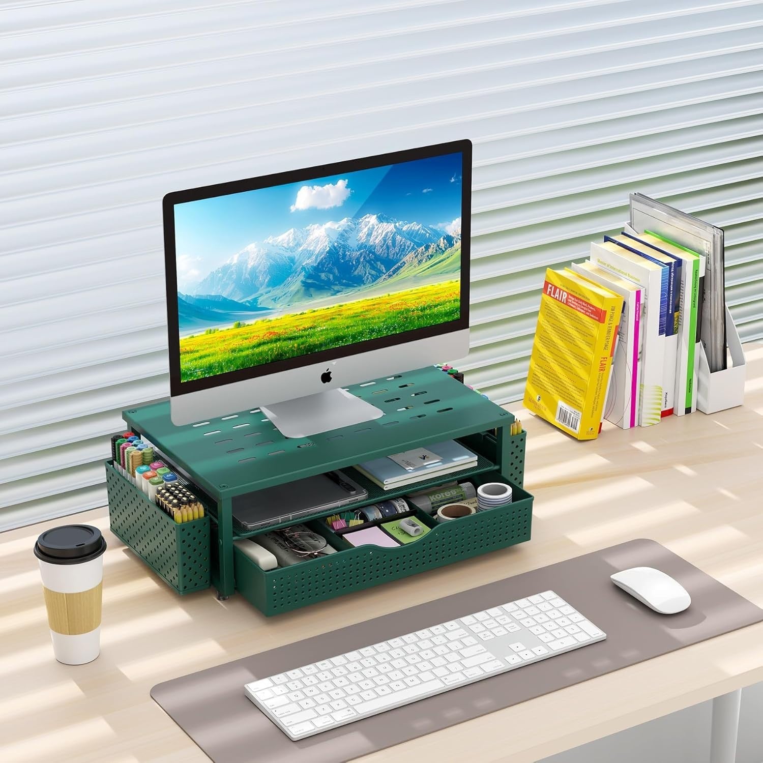 Monitor Stand with Drawer & Pen Holders Desktop Organizer Green