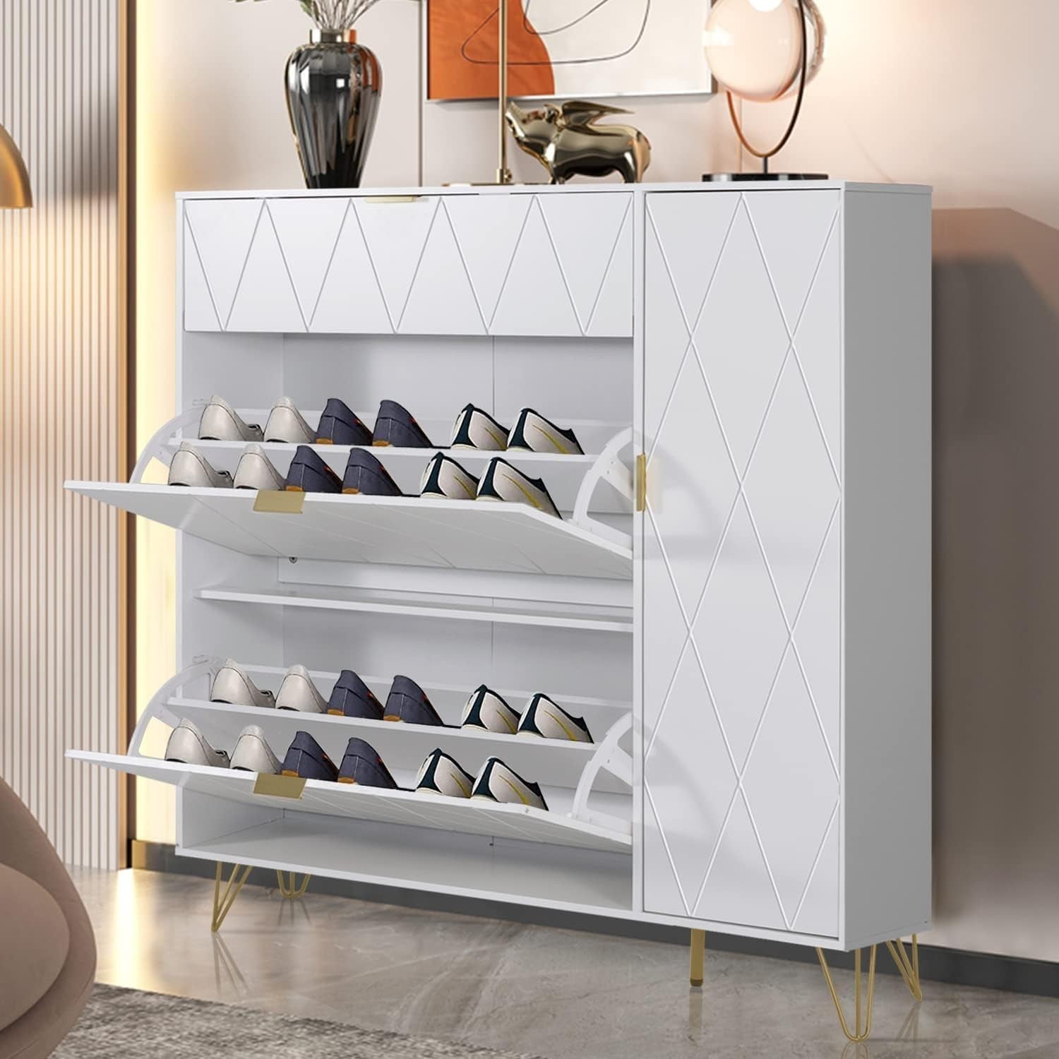 Narrow Shoe Cabinet 16 Pair Storage w/ Hidden Shelf & Boot Space – White
