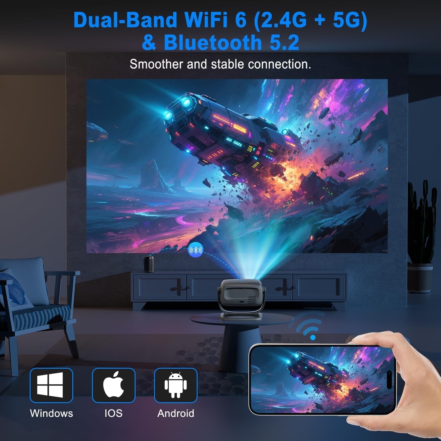 Smart 1080P Projector WiFi 6 Bluetooth 4K Support 26000L 180°