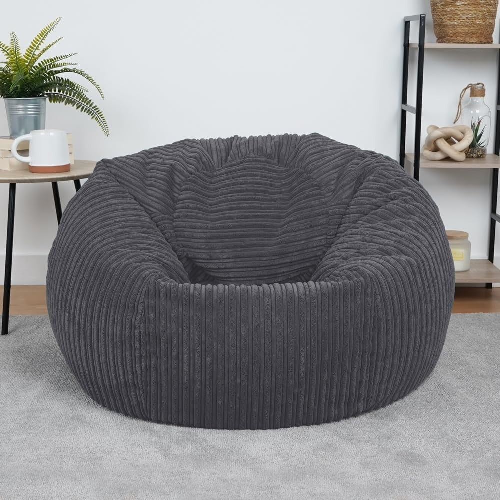 Grey Cord Bean Bag Chair Adult Lounge Seat – Washable Jumbo Recliner Sofa