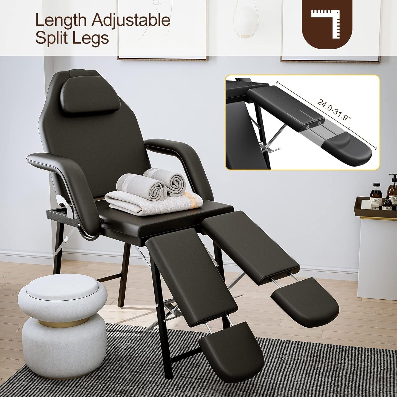 Portable 3-Section Split-Leg Massage Table Folding Beauty Tattoo Bed Black