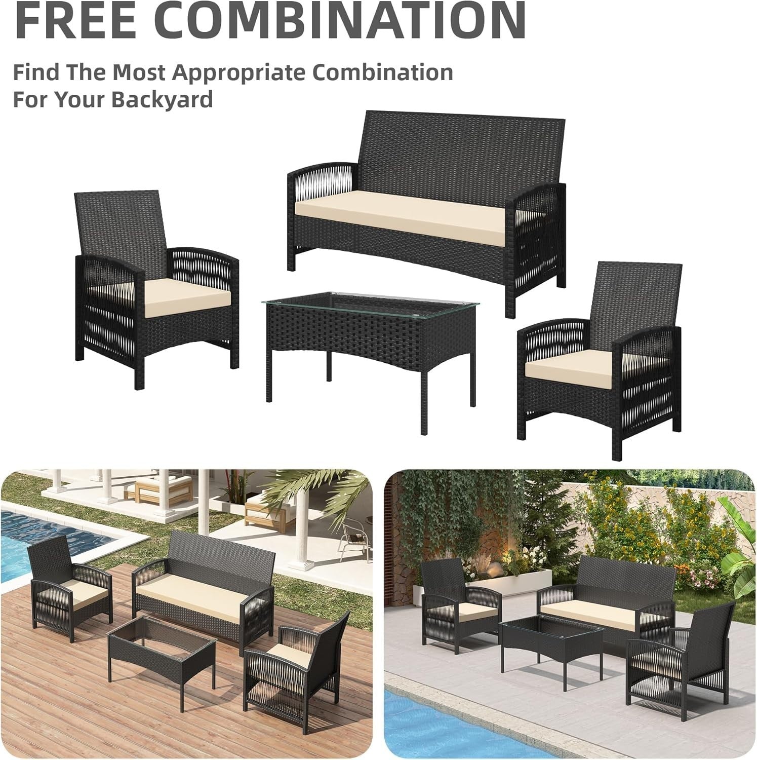 4-Piece Rattan Garden Patio Set Black Cushioned Sofa & Glass Coffee Table