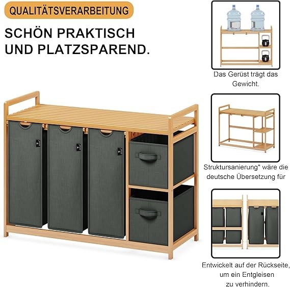 5-Compartment Bamboo Laundry Sorter with 3 Bags & 2 Drawers | 190L Organiser